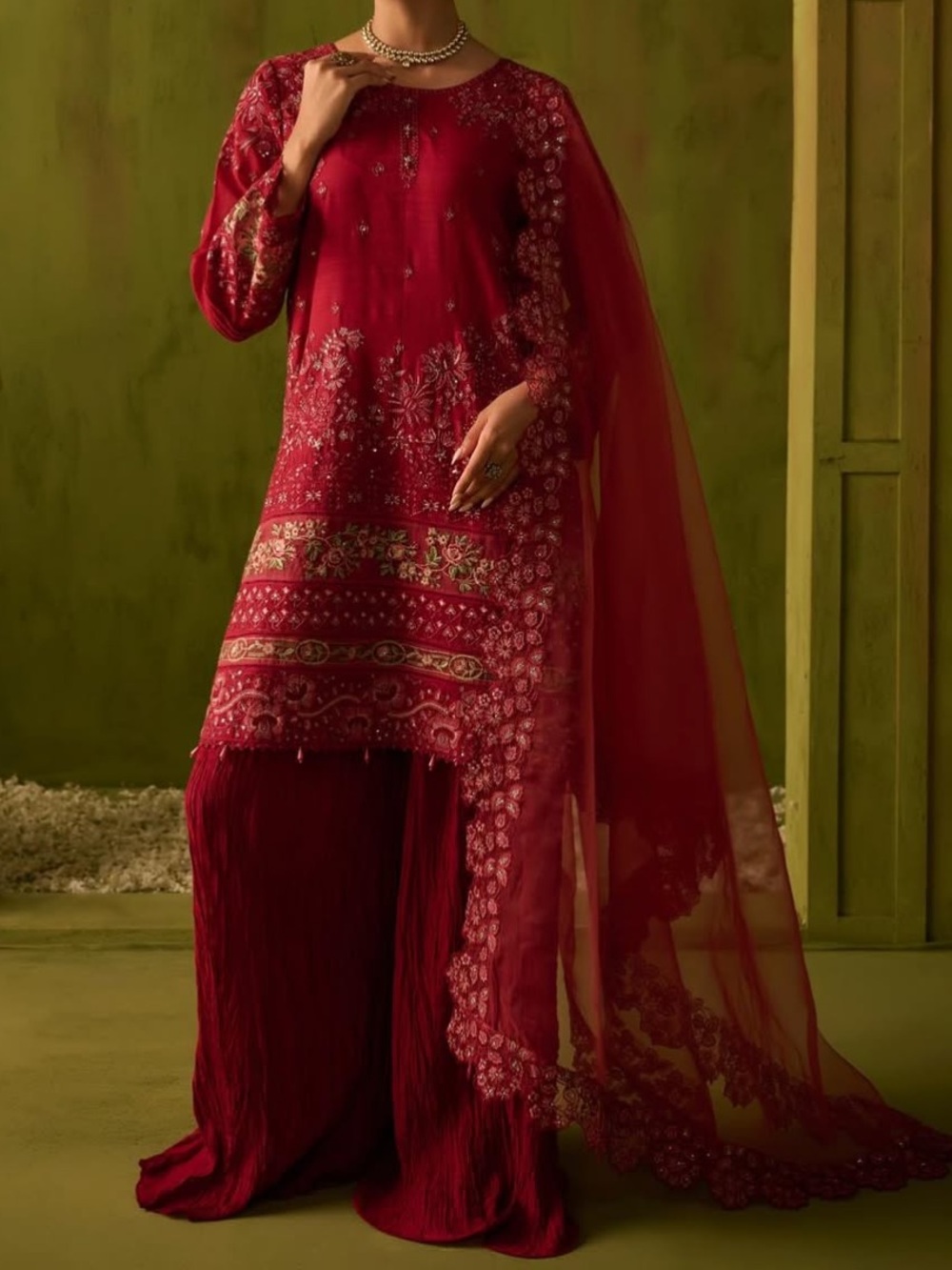 Dhanak Deep Pinkish Red Embroidered Three-Piece Suit